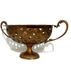 Vintage Brass Pedestal Double Reed Handle Console Bowl